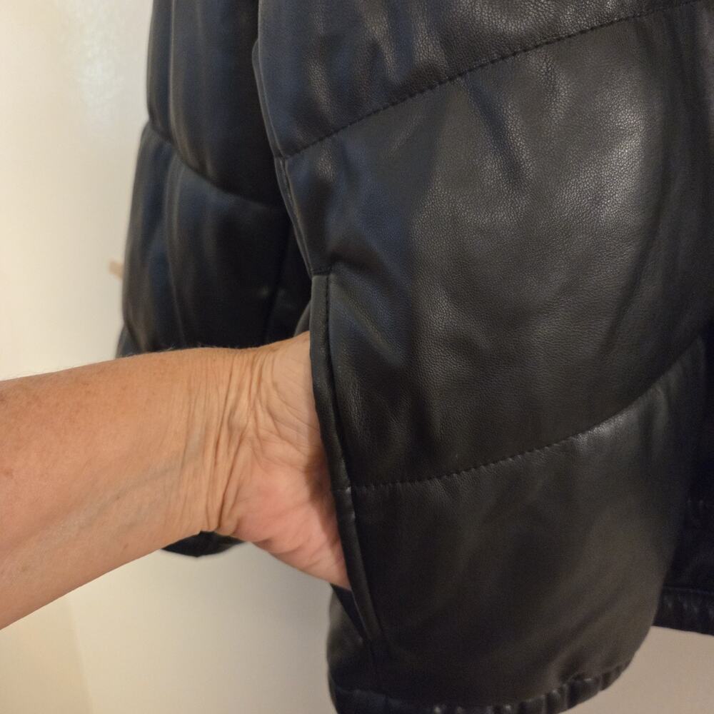 Disneyland Resort Black Faux Leather Puffer Jacket Hood Goth Font XL Unisex - Picture 6 of 13